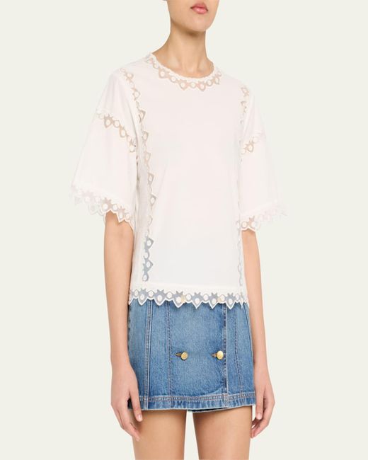 Ulla Johnson Natural Kai Embroidered Short-Sleeve Top