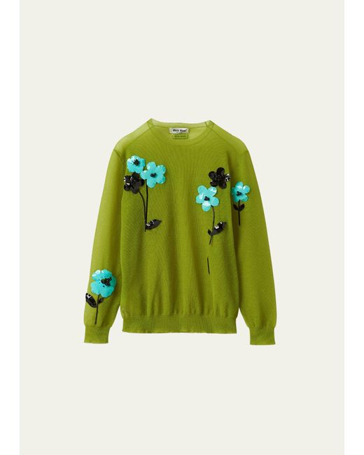Miu Miu Green Floral-embellished Nylon Oversized Sweater