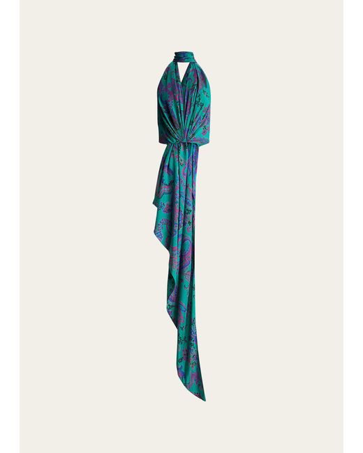 Ralph Lauren Collection Blue Jarvis Paisley-print Plunging Halter Drape Sleeveless Blouse