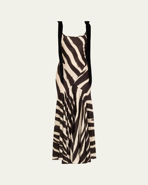 Nina Ricci White Zebra-Print Satin Bow-Shoulder Sleeveless Gown