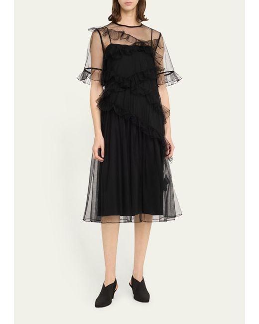 ADEAM Black Kitri Mesh Midi Dress With Ruffle Detail