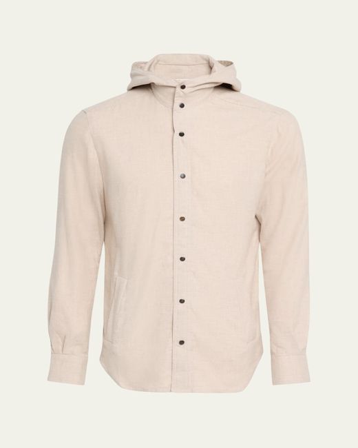 Kiton Natural Flannel Snap-Front Hooded Overshirt for men
