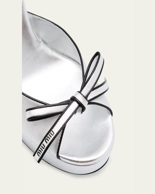 Miu Miu White Metallic Leather Bow Peep-Toe Platform Sandals