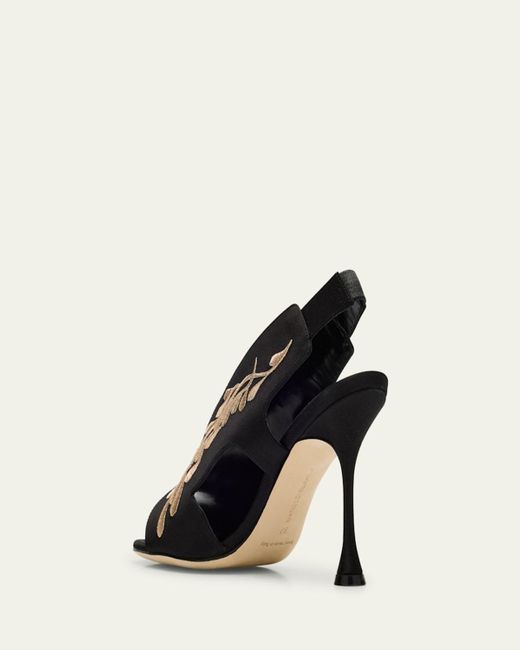 Manolo Blahnik Black Pancrabonu Embroidered Satin Sandals