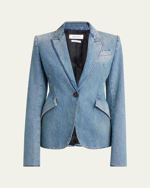 McQueen Blue Light-Wash Denim Single-Breasted Blazer
