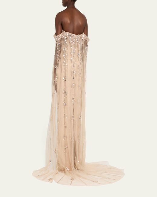 Pamella Roland White Crystal Tulle Strapless Gown With Detachable Cape