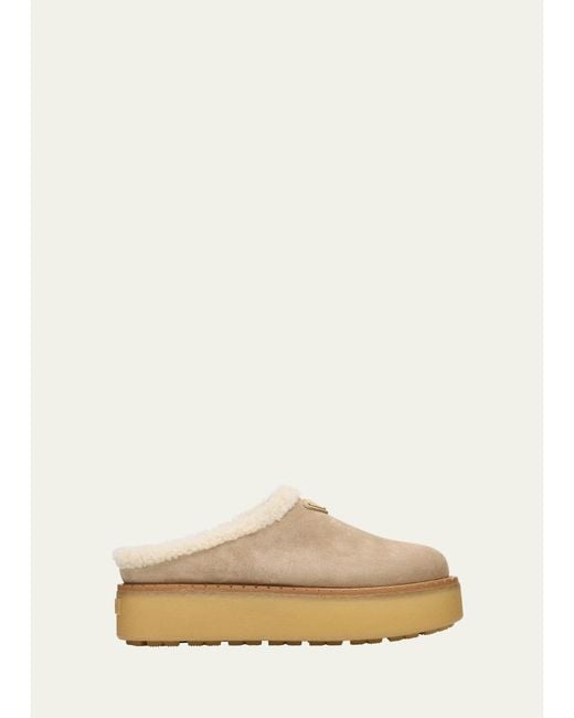 Prada Natural Suede Shearling Cozy Platform Mules