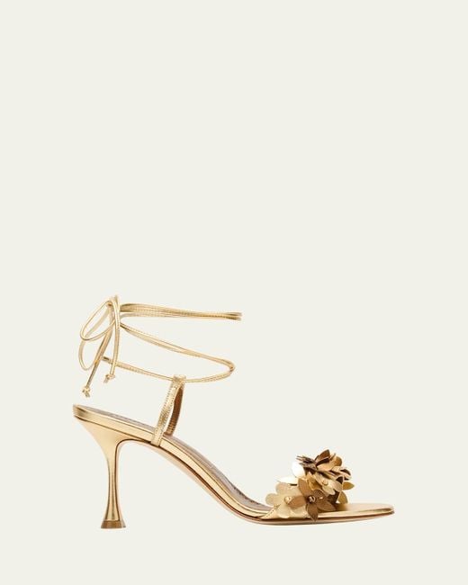 Manolo Blahnik Natural Anista Floral Metallic Leather Sandals