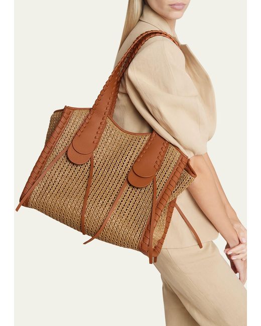 Chloé Brown Monty Tote Bag In Raffia And Calfskin Leather