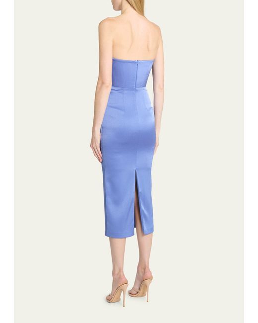 Alex Perry Blue Satin Crepe Curved Strapless Midi Dress