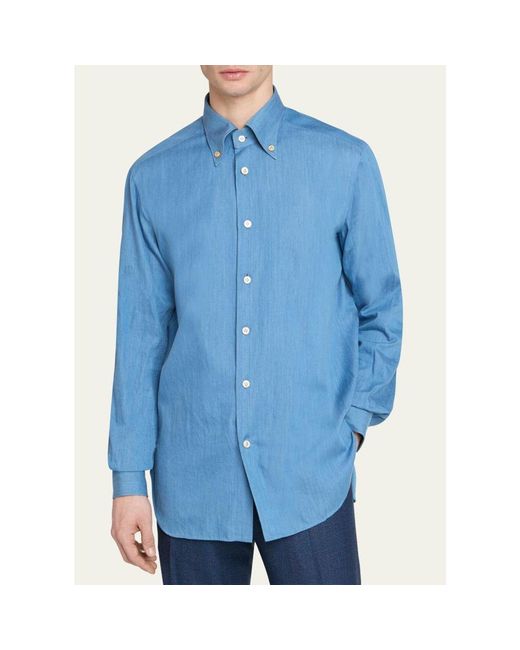 Kiton Blue Cotton Chambray Button-Down Shirt for men
