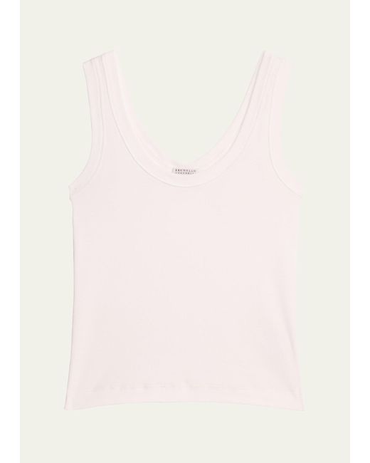 Brunello Cucinelli Pink Ribbed Cotton Jersey Tank Top With Monili Tab