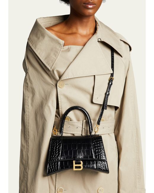 Balenciaga Black Hourglass Small Croc-embossed Top-handle Bag