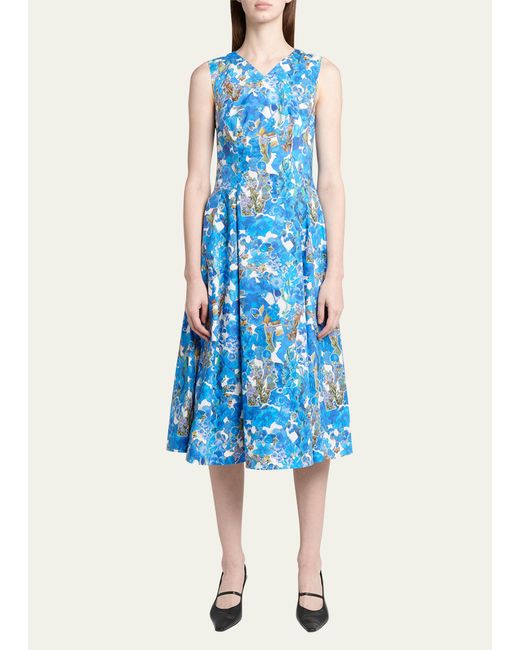 Marni Blue Floral Print Poplin Midi Dress