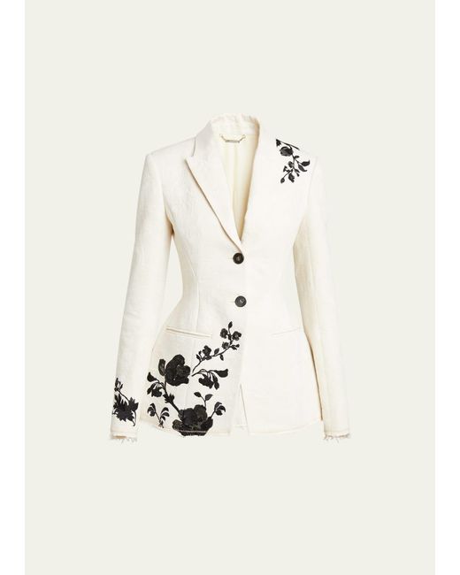 Erdem Natural Peplum Blazer Jacket With Floral Embroidery