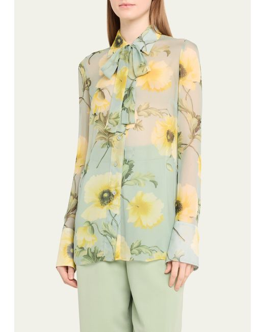 Oscar de la Renta Yellow Floral Print Silk Chiffon Blouse With Tie Neckline