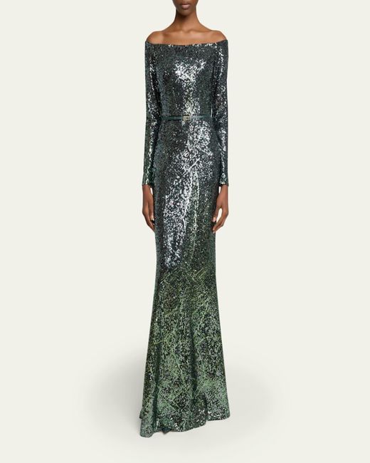 Elie Saab Green Off-The-Shoulder Ombre Sequin Trumpet Gown
