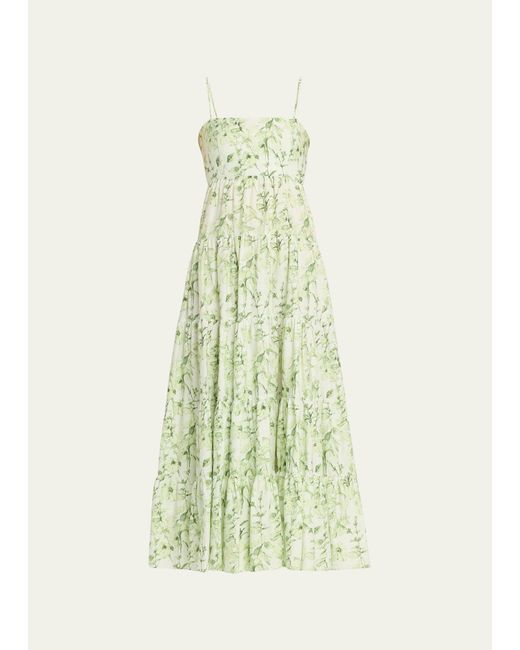 Cinq À Sept Green Gavin Monochromatic Floral Silk Lace-up Back Midi Dress
