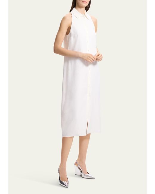 Theory White Halter Button-front Sleeveless Collared Midi Dress