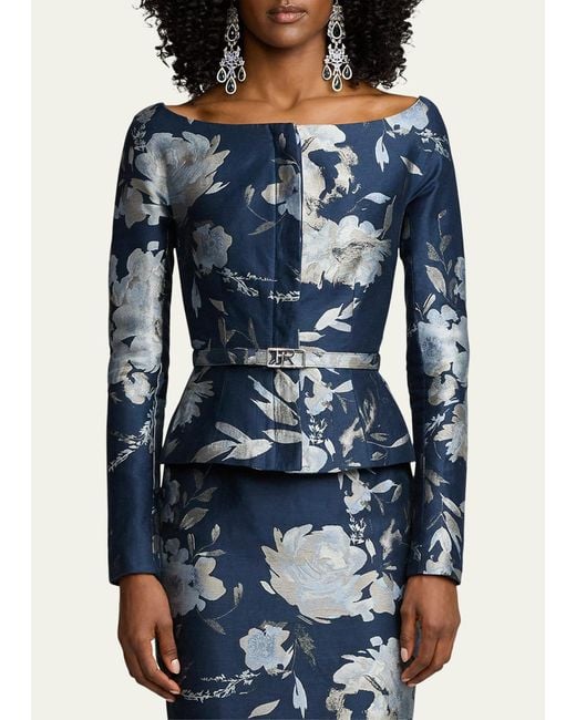 Ralph Lauren Collection Blue Bethanne Floral Jacquard Belted Jacket