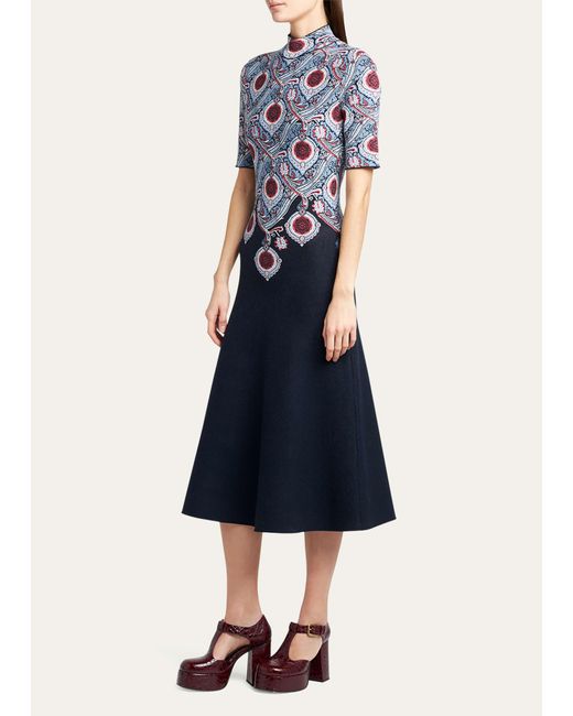 Etro Blue Printed High-neck Knit Midi Dress