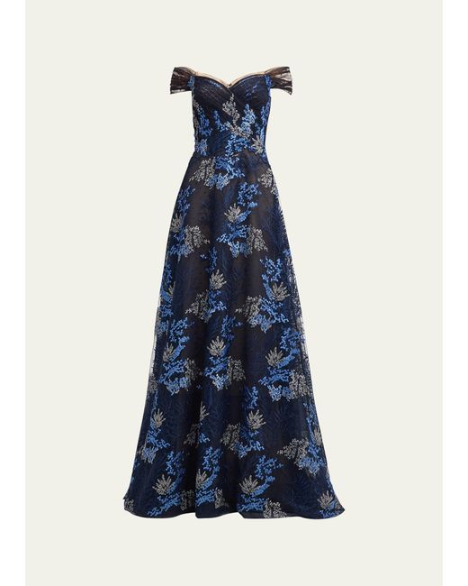 Teri Jon Blue Off-shoulder Floral-embroidered Tulle Gown