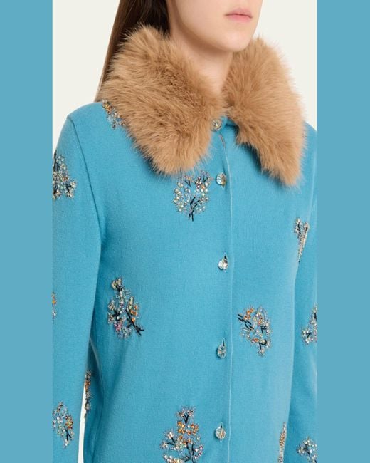 Valentino Garavani Blue Floral Crystal Wool Faux Fur Trimmed Cardigan