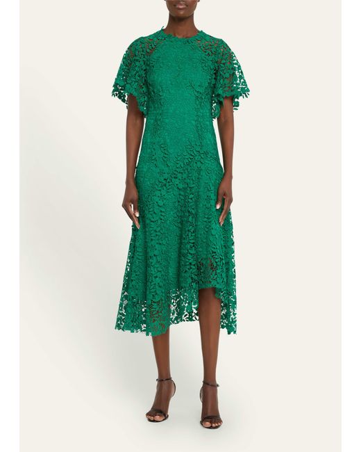 Teri Jon Green Raglan-sleeve Floral Lace Midi Dress