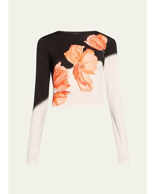 Alice + Olivia White Delaina Floral Two-tone Long-sleeve Top