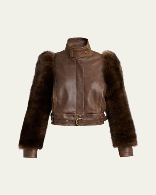 Chloé Brown Faux Fur Sleeves Leather Bomber Jacket