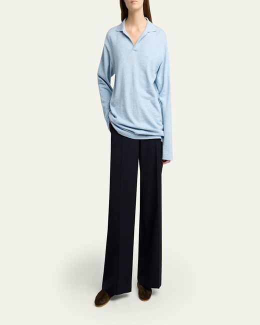 The Row Women's Blue Niosa Long-Sleeved Cotton & Linen Polo Top