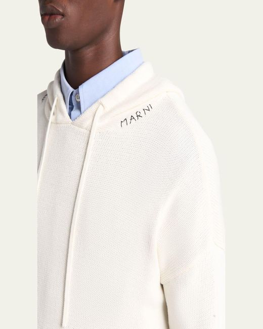 Marni White Distressed Knit Logo Hoodie for men