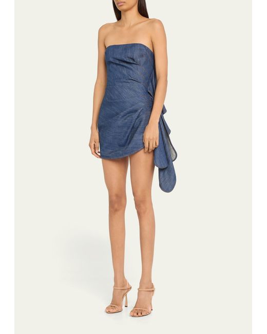 LAQUAN SMITH Blue Strapless Denim Mini Dress With Ruffle Detail