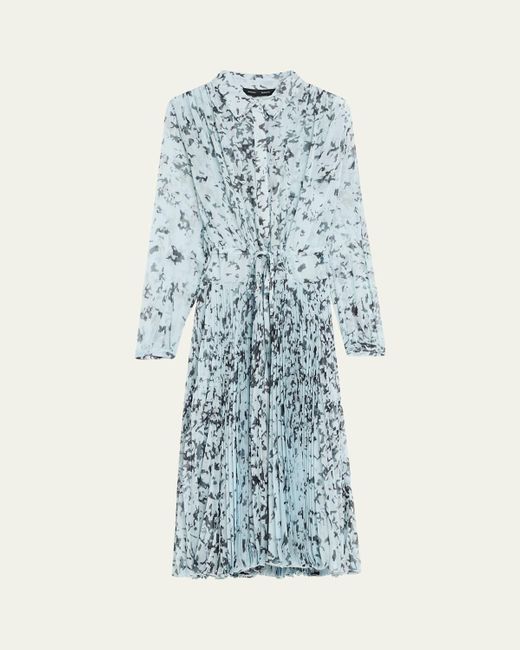 Proenza Schouler Blue Jones Printed Crinkle Chiffon Pleated Dress