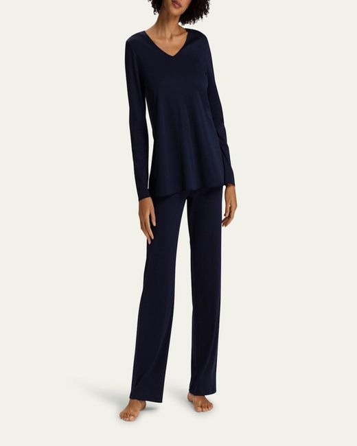 Hanro Blue Silk-Trim Mercerized Cotton Pajama Set