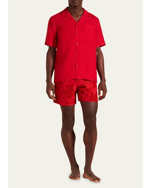 Vilebrequin Red Garment-dyed Linen Camp Shirt for men