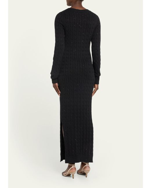 Brunello Cucinelli Black Paillette Cotton Cable-knit Long-sleeve Slits Sweater Gown