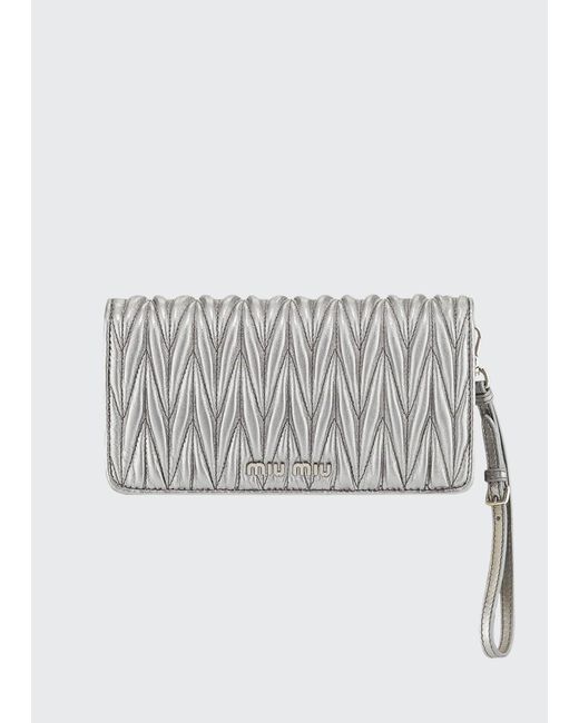 Miu Miu Leather Matelasse Wallet On A Chain in Silver (Metallic) Save