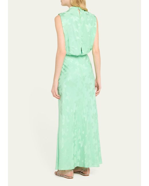 Saloni Green Fleur F Silk Jacquard Sleeveless Midi Dress