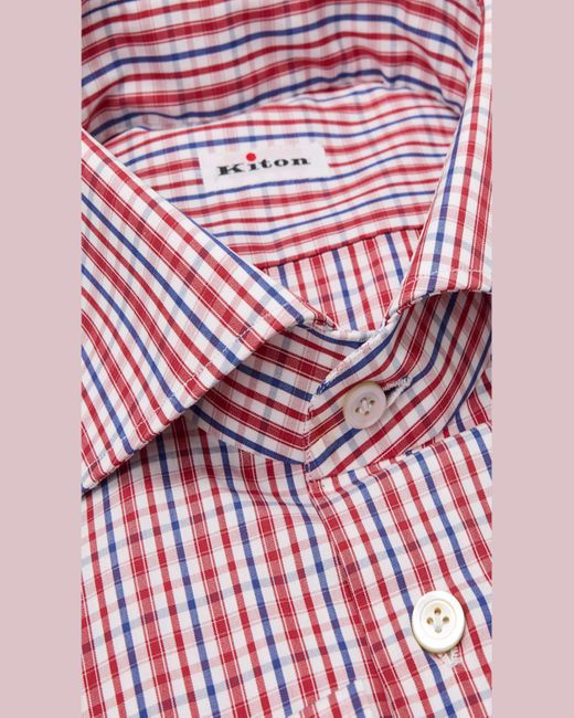 Kiton Pink Plaid Cotton Spread Collar Shirt for men