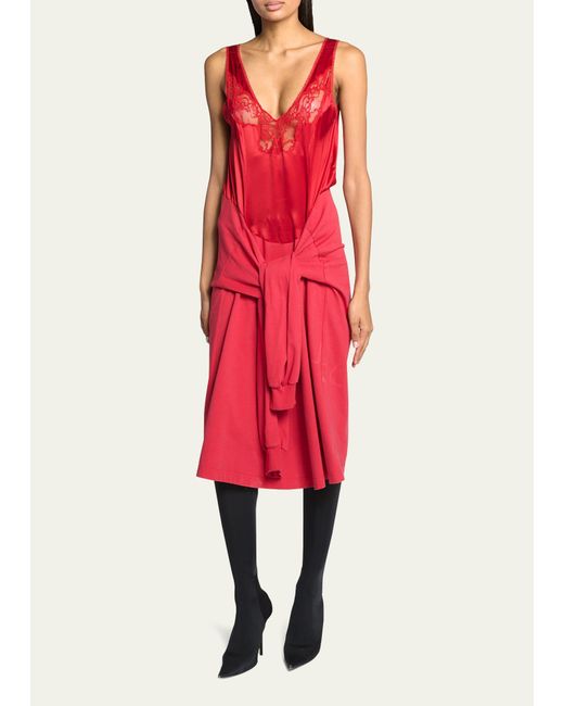 Balenciaga Red Hybrid Lace Tie-waist Slip Midi Dress