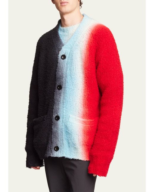 Sacai Mens Black Red Tie-dye Wool-blend Knitted Cardigan