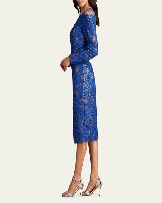 Tadashi Shoji Blue Sequin Illusion Lace Midi Sheath Dress