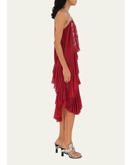 Burberry Red One-shoulder Asymmetric Ruffle Midi Dress