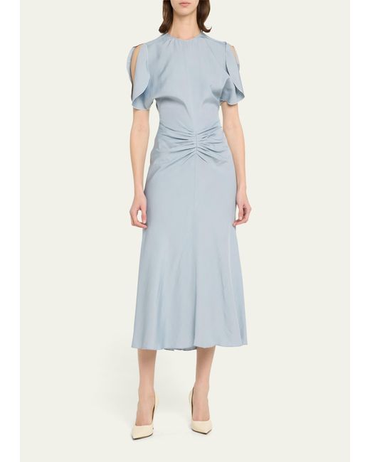 Victoria Beckham Blue Gathered-waist Flutter-sleeve Midi Dress