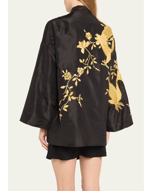 Natori Black Dragon-embroidered Silk Kimono Jacket