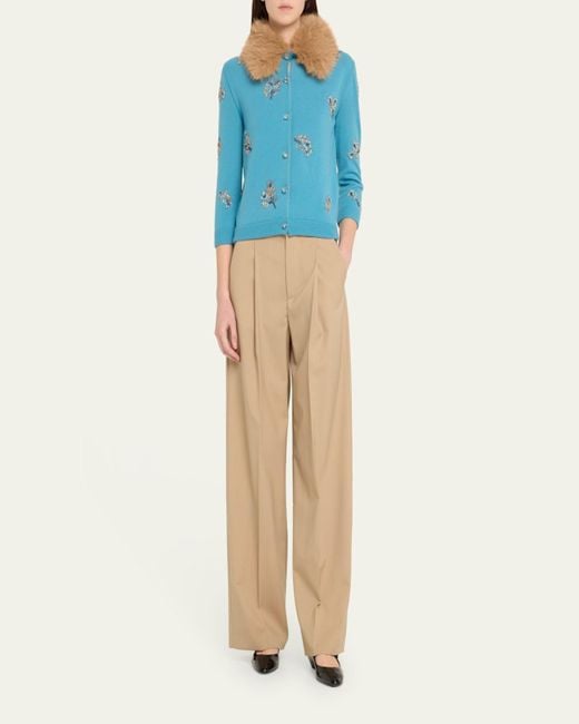 Valentino Garavani Blue Floral Crystal Wool Faux Fur Trimmed Cardigan