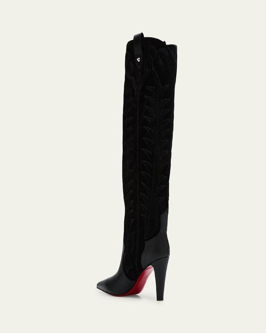 Christian Louboutin Black 85Mm Santia Mixed Leather Suede Knee-High Western Boots