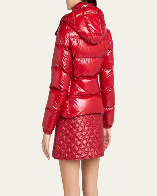 Moncler Red Glareins Hooded Short Down Jacket With Braided Trim