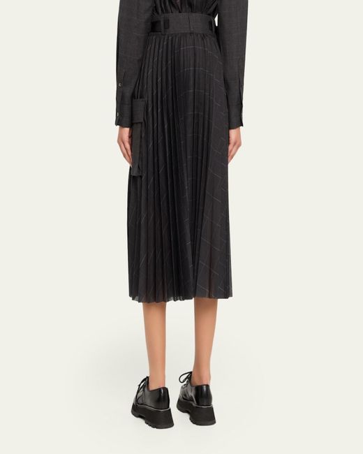 Sacai Black Glen Pleated Check-Print Midi Skirt